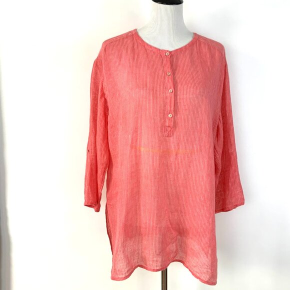 Eileen Fisher Linen 3/4 Sleeve Tunic Henley Shirt Striped Sz L - Picture 2 of 16
